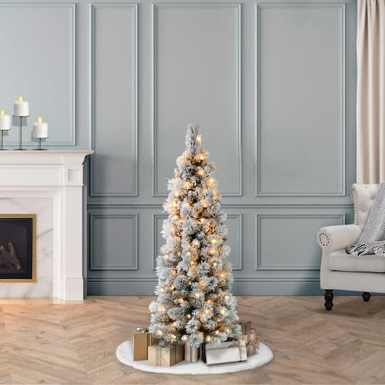 4.5ft. Pre-Lit Flocked Portland Pine Pencil Artificial Christmas Tree, Clear Lights
